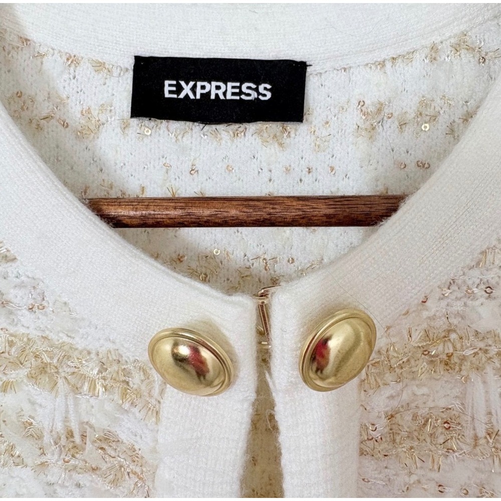 Express Womens M Lady Jacket Cream Gold Tweed Knit Cardigan Old Money Classic - Picture 7 of 12